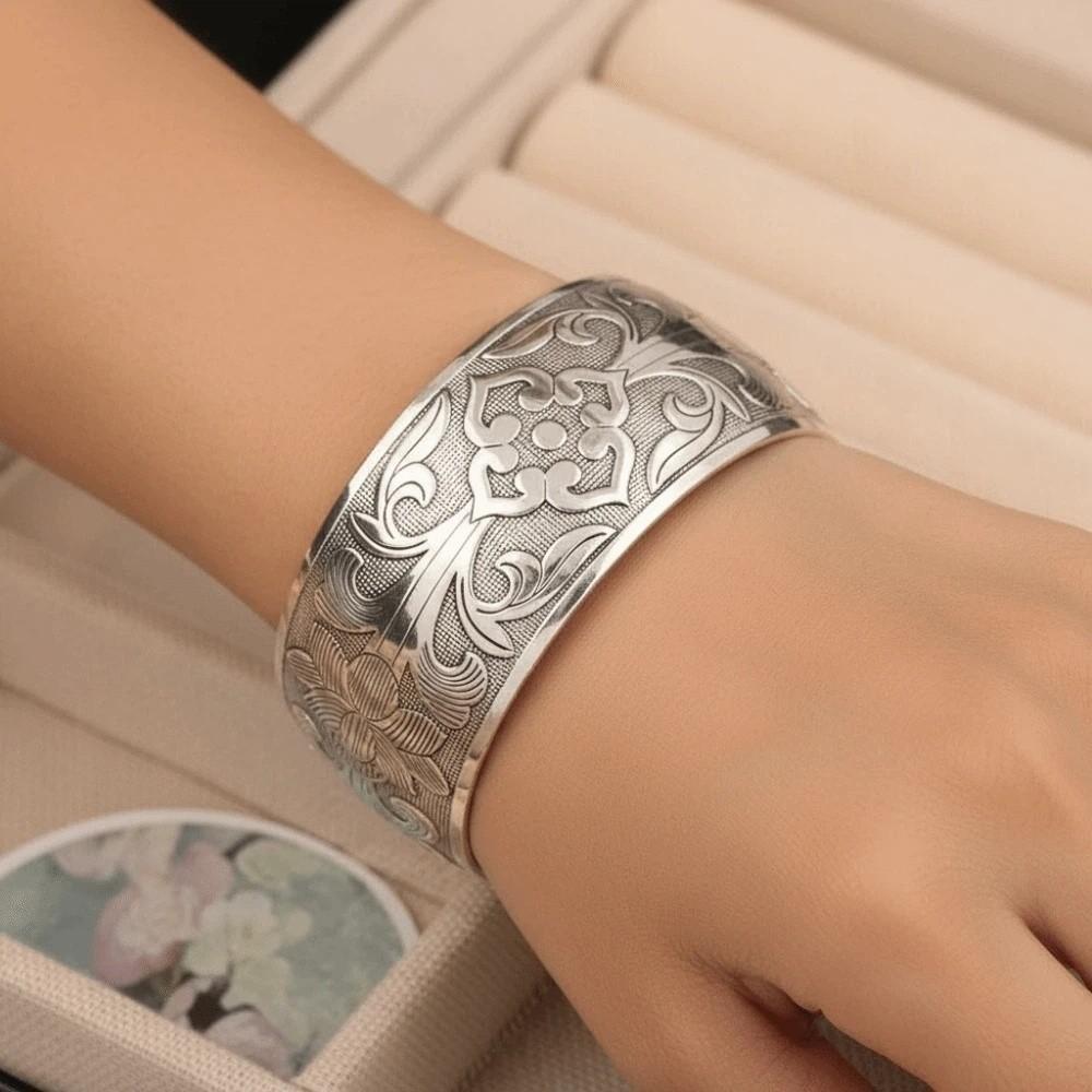 Lotus Silver Opening Bangle Vintage Thai Wrist Jewelry Carved Wide Bracelet Party