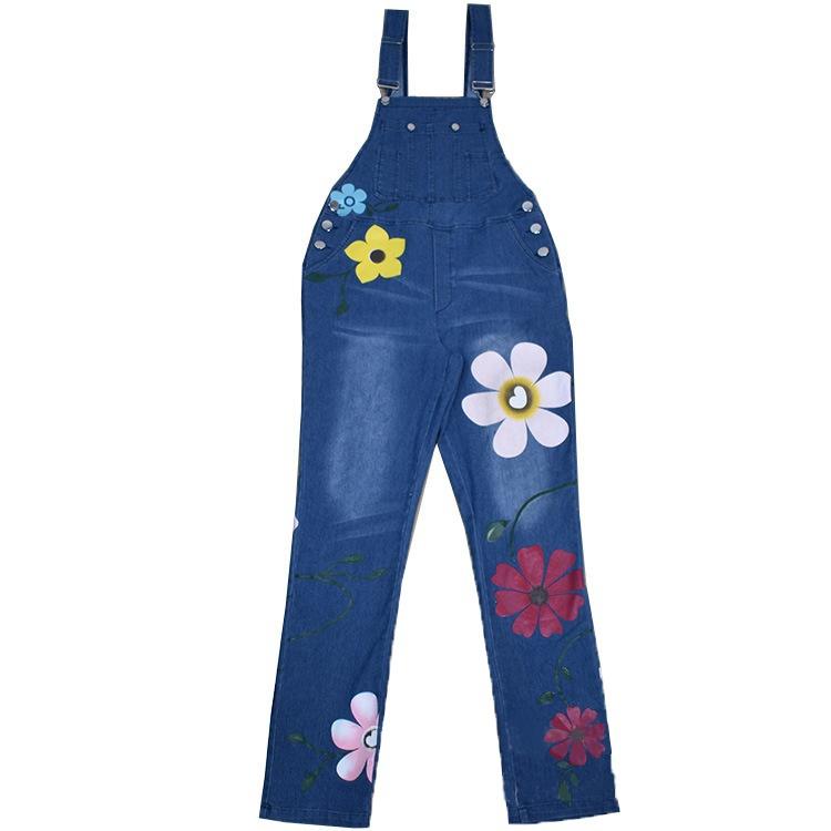 Women's Spring and Summer Denim Jumpsuits Flower Printed Overalls Loose Casual Long Pants Plus Size XS-6XL