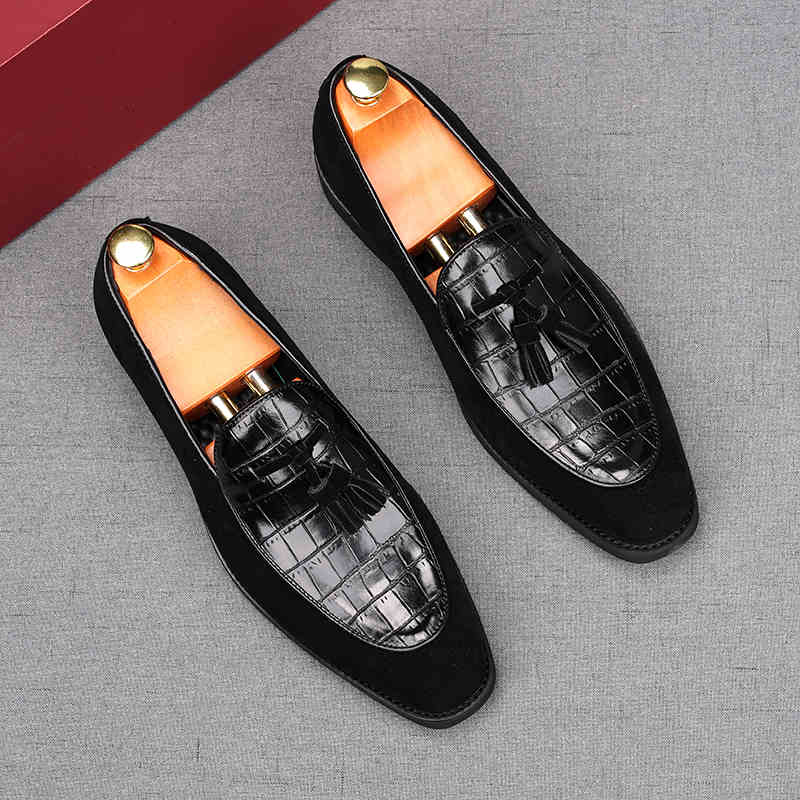 Fashion Fashion New Men's Tassels Suede Leather Patchwork Flats Shoes Male Designer Loafers Homecoming Wedding Dress Footwear