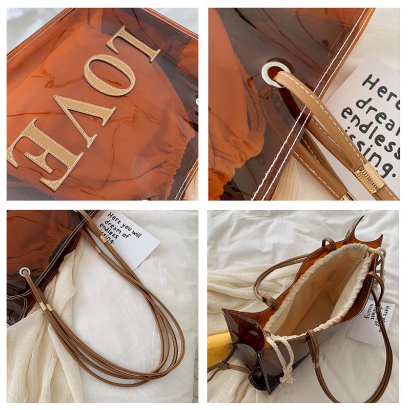 Модные женские прозрачные сумки на ремне из ПВХ желе ярких цветов, большая вместительная сумка-тоут коричневого цвета