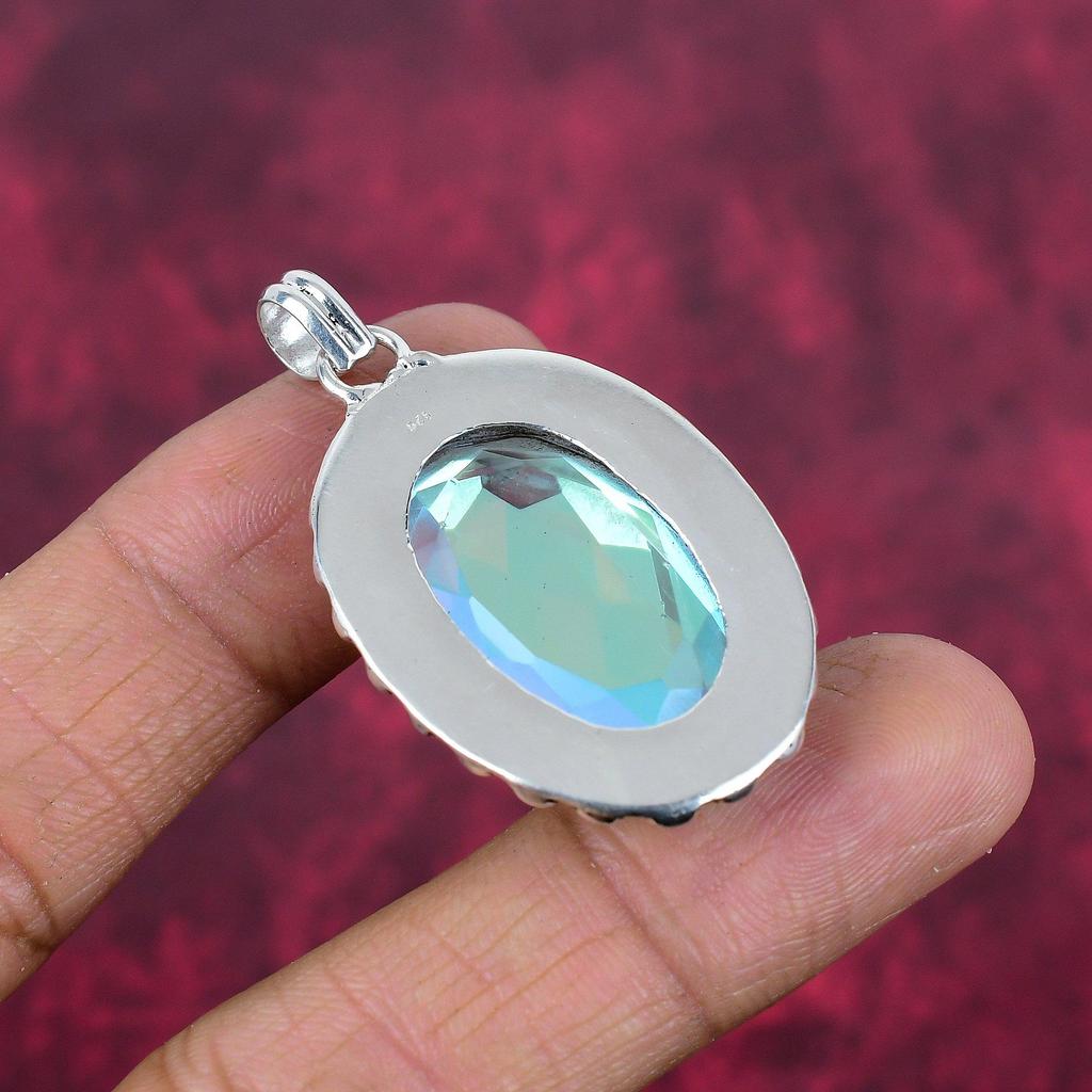 Faceted Mystic Topaz Gemstone Pendant, Handmade Jewelry, 925 Solid Sterling Silver Pendant Jewelry Gift For Love