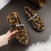 Fashion Fashion Leopard Fur Ballet Flats Woman Designer Rhinestone Buckle Strap Mary Jane Shoes Ladies Winter Warm Plush Shallow Loafers