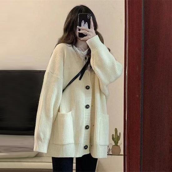 Women Sweater Coat V-Neck Long Sleeve Solid Color Knitting Coat with Large Pockets Mid-Length Loose Fit Sweater Cardigan