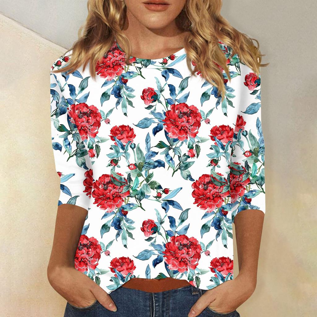 Women's Fashion Casual Three-quarter Sleeve Vintage Floral Print Round Neck Top