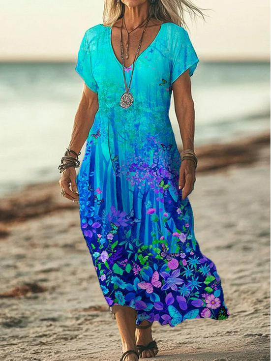 Bohemian Retro Print Raglan Sleeve Summer Maxi Dress