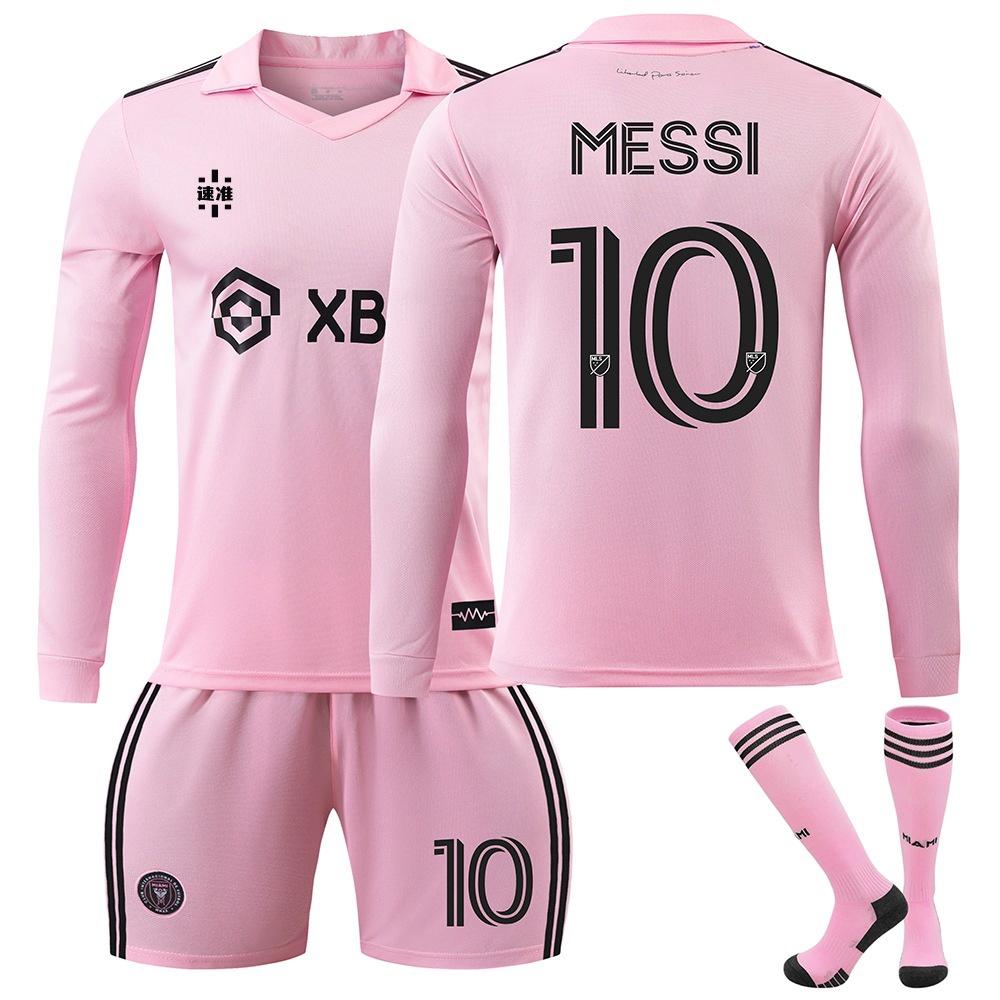 2324 Miami Long Sleeve Soccer Jersey Messi League Pink Home Kit With Socks