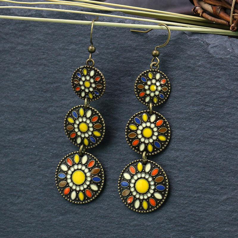 Vintage Bohemian Drop Dangle Earrings For Women Long Crystal Flower Hollow Geometric Enamel Ethnic Boho Wedding Earrings Jewelry