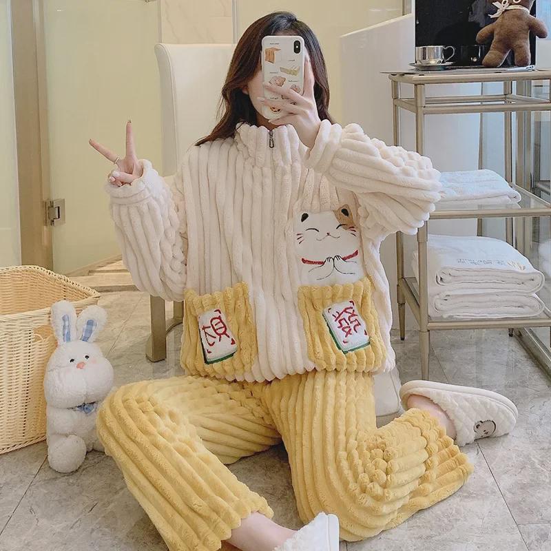 Женская зимняя пижама больших размеров из кораллового и жаккардового бархата - Милая и уютная домашняя одежда (До 200 фунтов)