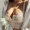 French Ultra Thin Lace Bra Set Sexy U Type Beautiful Back Underwear for Women Embroidery Flowers Bralette Romantic Bra Thong Set