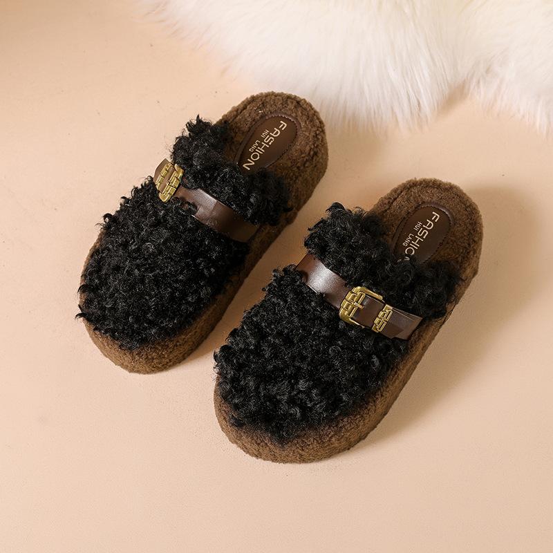 Thick-soled one-pedal wool curled wool shoes for women to wear new winter velvet warm cotton slippers