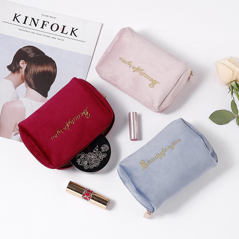 Women Zipper Velvet Make Up Bag Travel Large Cosmetic Bag for Makeup Solid Color Female Make Up Pouch Necessaries