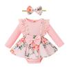 Newborn Girl Dress Style Romper Outfits, Long Sleeve Lace Patchwork Floral Pattern Bodysuit + Bow-Knot Headband Set