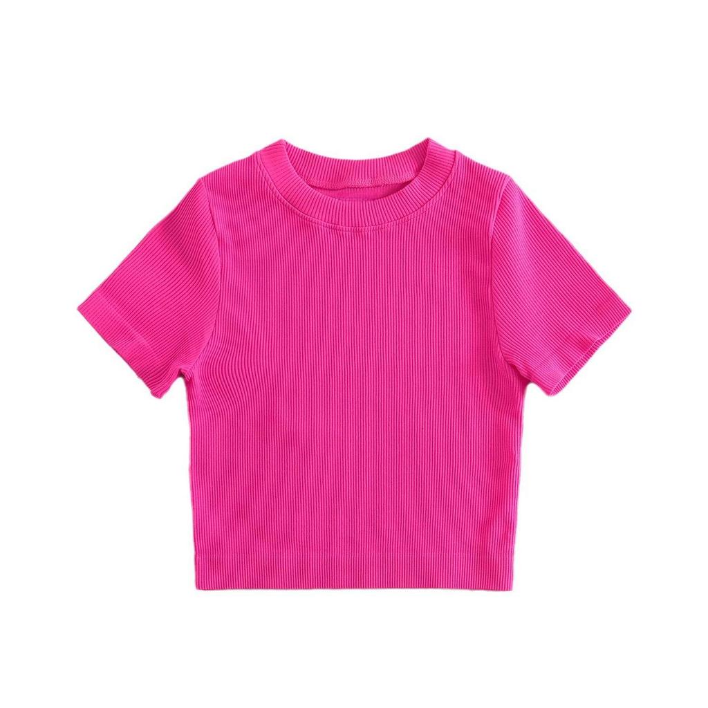American Retro Solid Color Round Neck Elastic Crop Top Tee