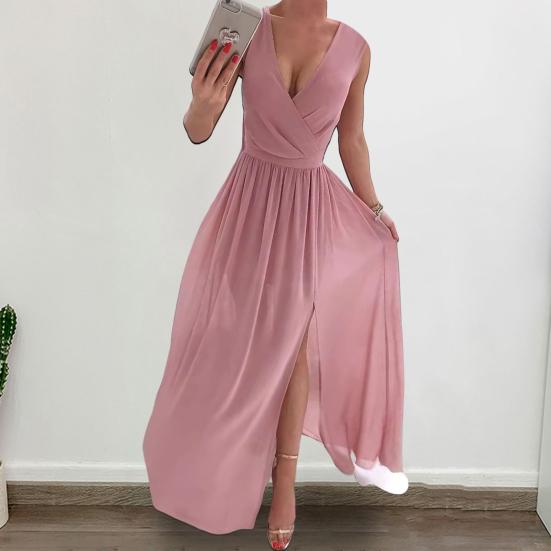 Женское вечернее платье с V-образным вырезом без рукавов, плиссированное подол с разрезом, тонкая талия, длина до пола, сплошной цвет, свадебное коктейльное платье для выпускного вечера, макси-платье