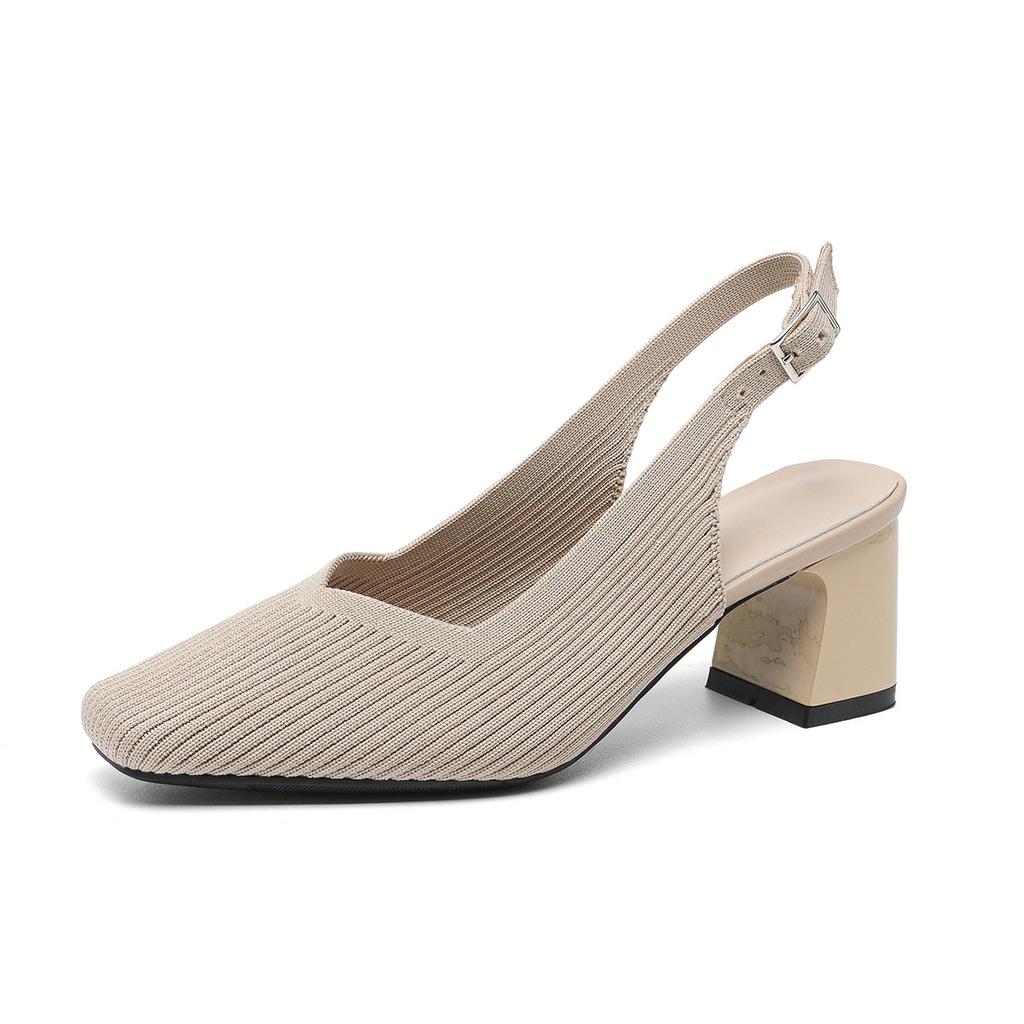 Туфли с открытой пяткой для женщин с квадратным носком, удобные трикотажные туфли для работы, прогулок, офиса, туфли-лодочки на толстом каблуке, женские нескользящие туфли на низком каблуке для свадьбы, нарядные туфли