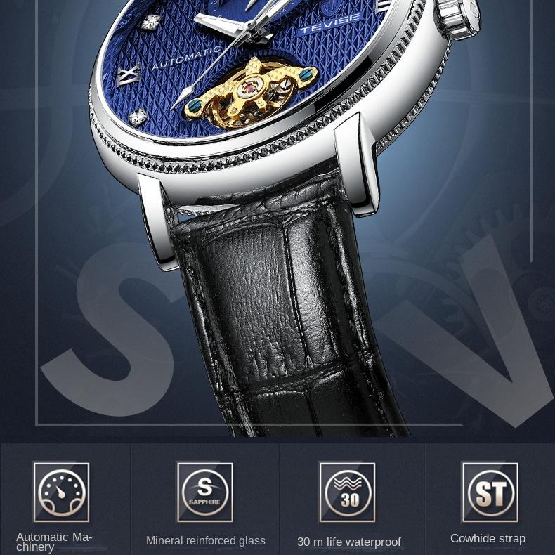 TEVISE Механические часы Автоматические кожаные светящиеся механические часы для мужчин