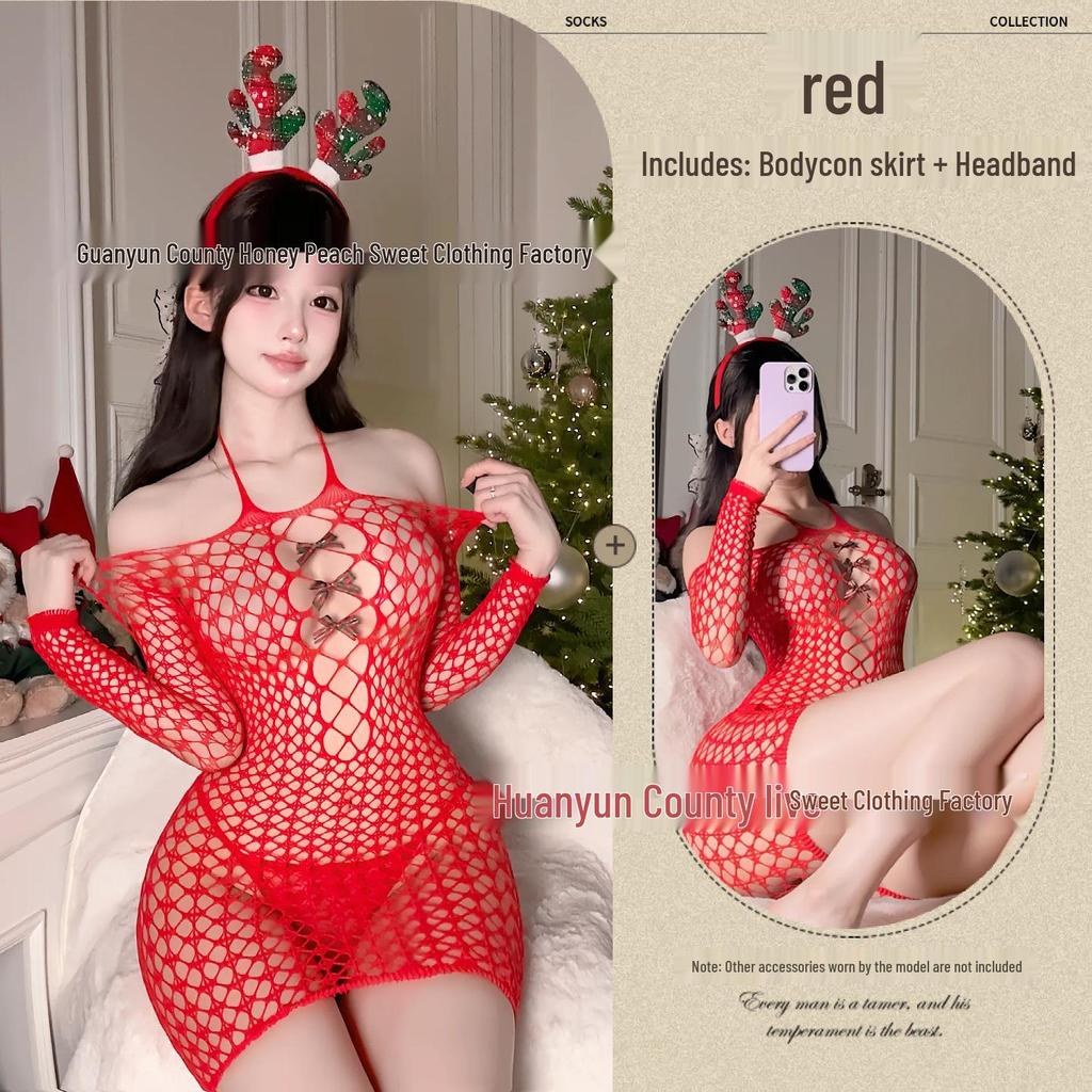 Sexy Christmas Lingerie: Long Sleeve Halter Neck Mesh Dress with Reindeer Antlers for Role Play