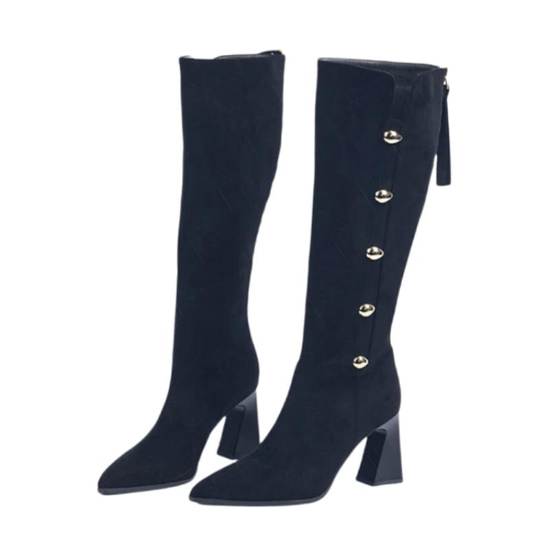 Модные высокие сапоги до колена, женские замшевые туфли с острым носком и высоким каблуком, зимние трендовые готические туфли челси, массивные ботинки Mujer