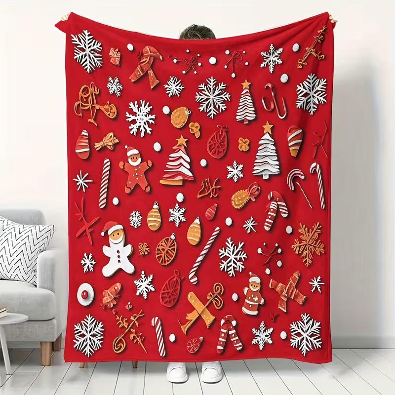 Christmas Blanket Red Gingerbread Man Snowflake Print Soft Cozy Bed Sofa Warm Holiday Home Decor Xmas for Family Friends