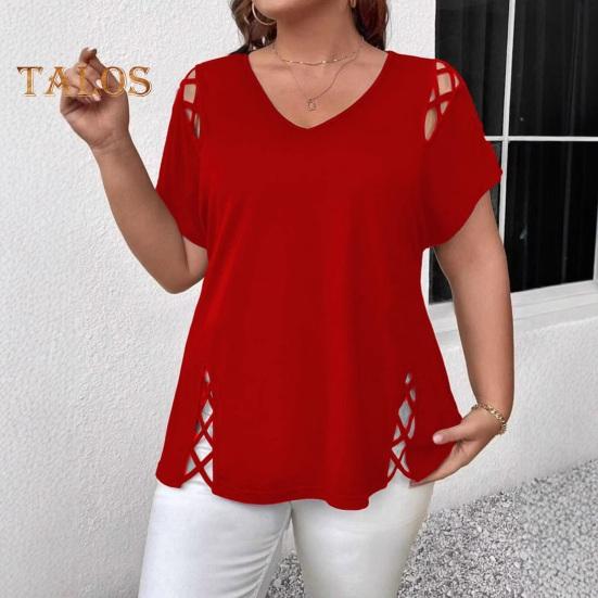 Женская летняя футболка с V-образным вырезом, коротким рукавом, однотонная, свободного кроя, повседневные топы с ажурным перекрестным дизайном