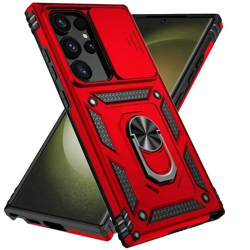 Противоударный чехол-броня военного класса с выдвижной шторкой для камеры для Samsung Galaxy S25 Ultra Plus S24FE A16 A06 A26 A36 A56 с кольцом-подставкой