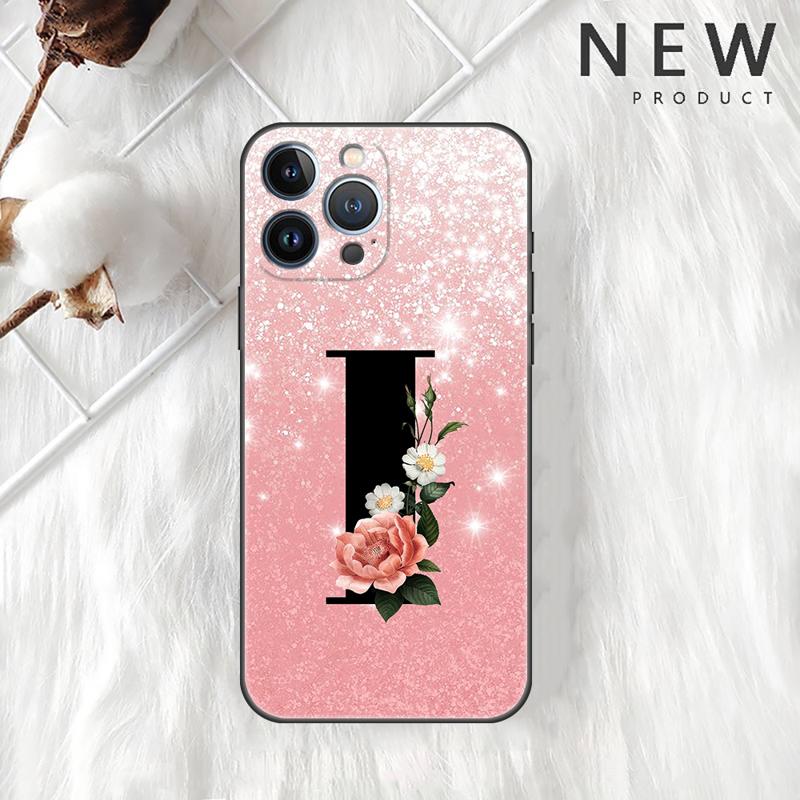 Letter A B C Flowers Pink Case For Apple iPhone 11 15 13 14 Pro Max 12 Plus X 15Pro Black Silicone Phone Coque