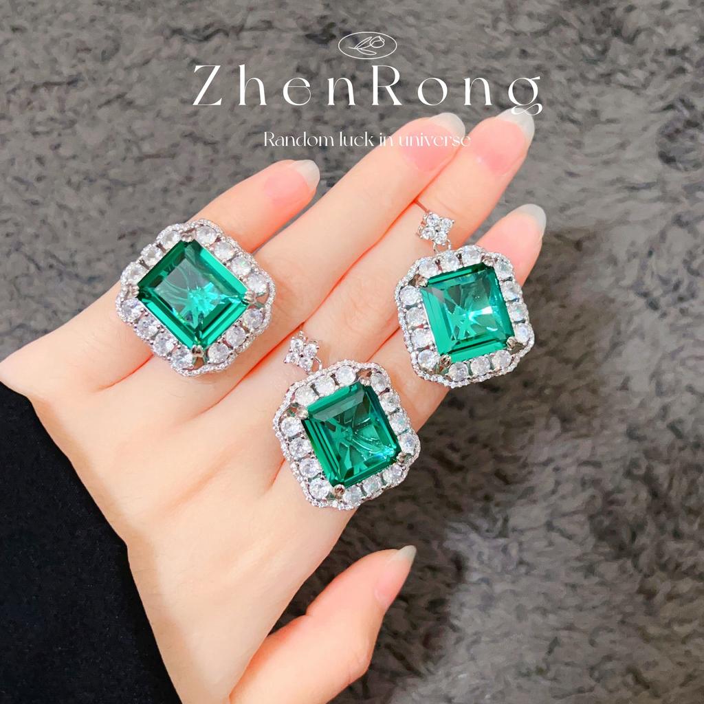 Light Luxury Niche Retro Premium Emerald Bow Pendant Necklace Sugar Cube Ring Colorful Treasure Stud Earrings Set