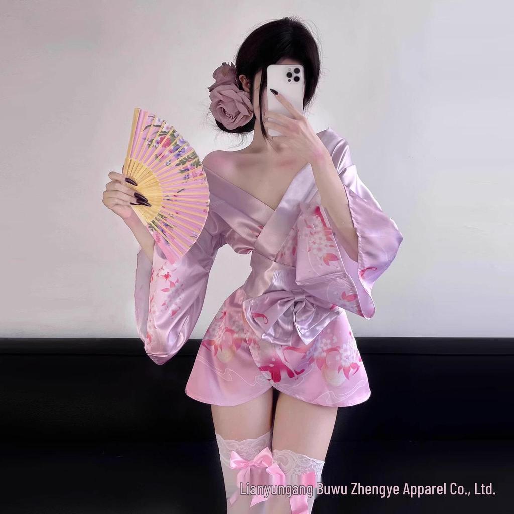 Sexy Deep V Open-Front Japanese Kimono Pajama Set for Women