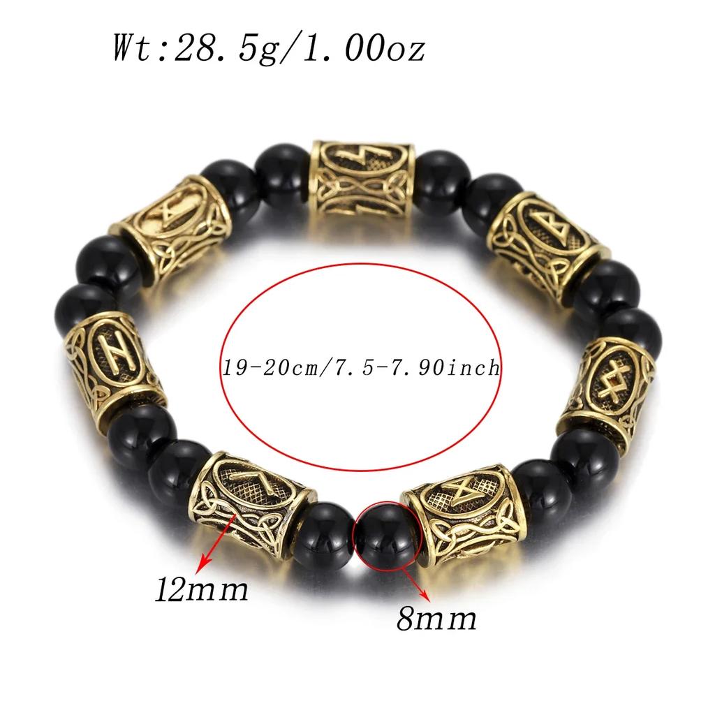 Классический золотой браслет с рунами викингов, 8 мм, из лавового камня, ручная работа, эластичное украшение для женщин и мужчин.
