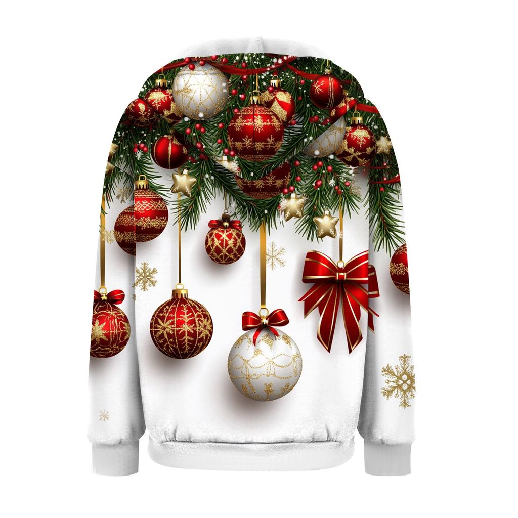 Женская рождественская печатная толстовка осень-зима с длинным рукавом кардиган куртка с карманами на молнии толстовка с капюшоном верхняя одежда