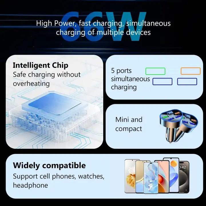 66W PD Car Charger QC3.0 Fast Charging Car Cigarette Lighter Plug 5 Port Car Charger Flash Charge with Digital Display