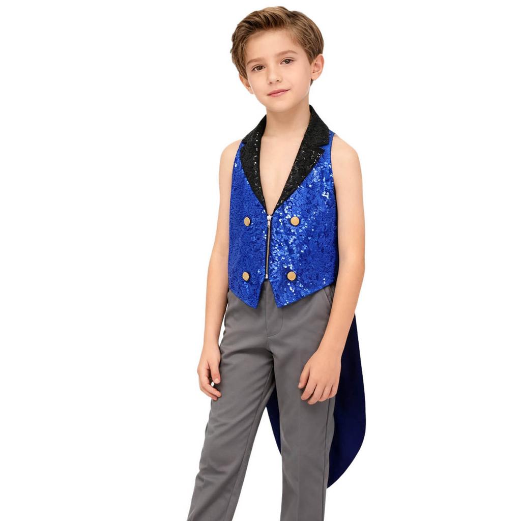 Boys Sparkly Sequins Medieval Vest Front Zip Victorian Waistcoat Circus Tailcoat Halloween Costume