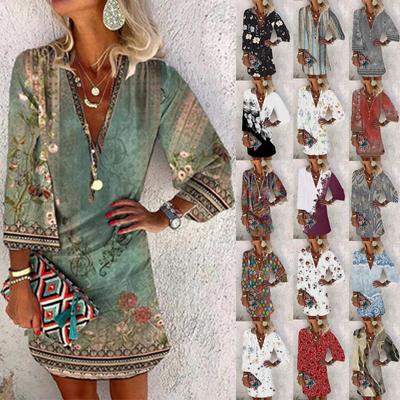 Платья для женщин Повседневное платье с V-образным вырезом Повседневное платье с рукавами три четверти Сарафан на пуговицах