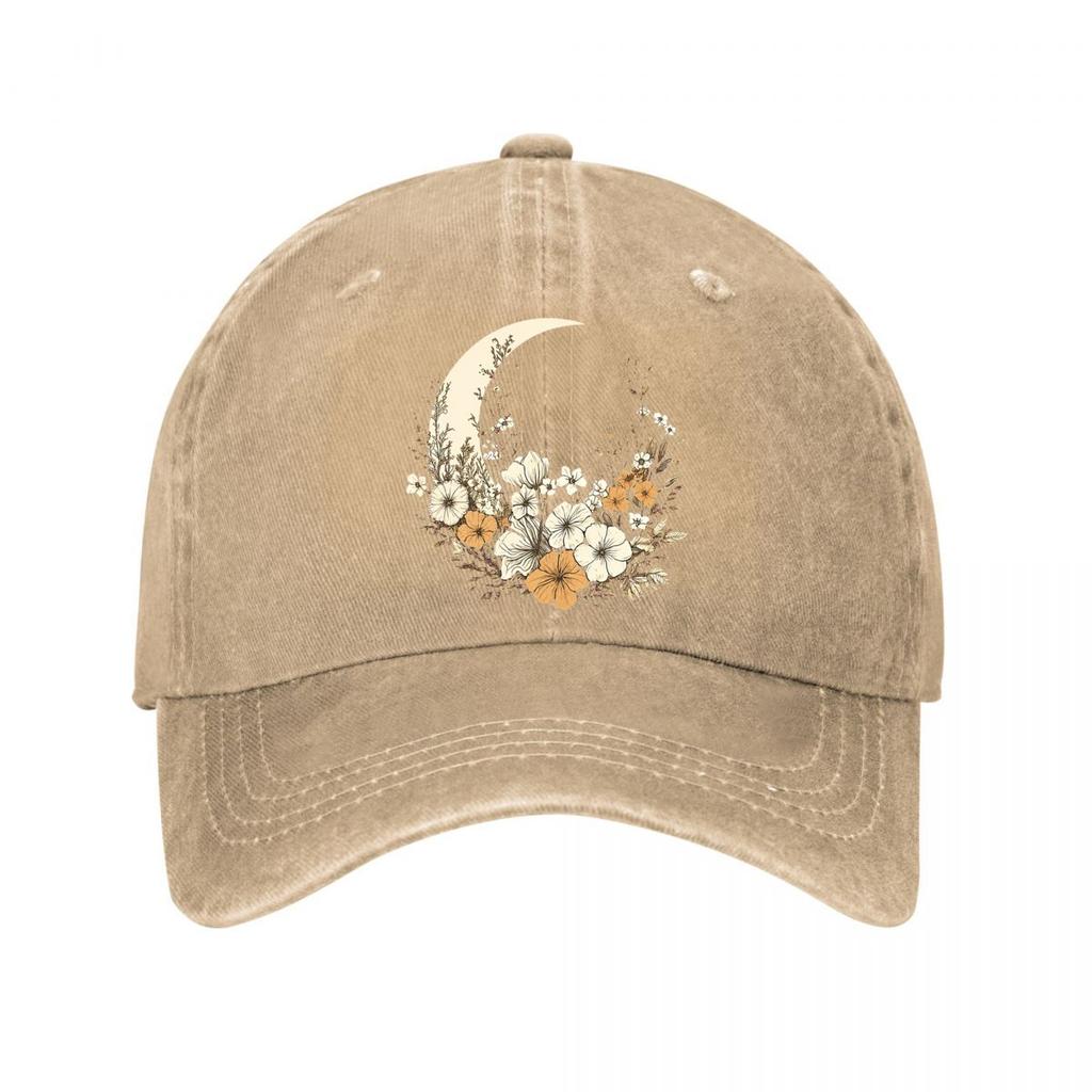 Vintage Floral Moon Canvas Wall Art Washed Baseball Cap Outdoor For Womens Unisex FeUnisex
