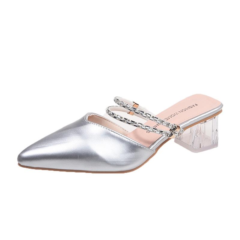 Сандалии на высоком каблуке с острым носком, женские летние сандалии на толстом каблуке со стразами, женские полутапочки Baotou, модная женская дышащая обувь