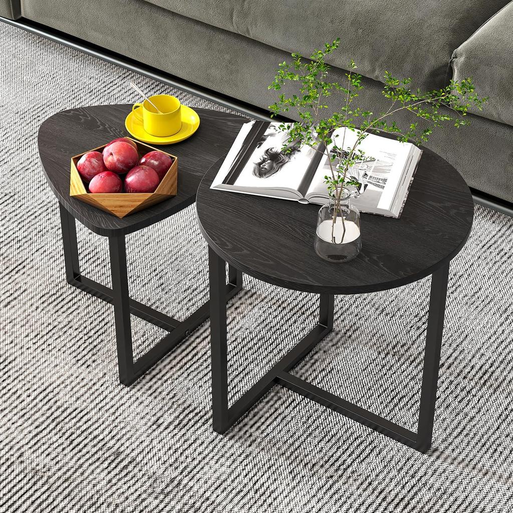 Coffee Table Round Set of 2 – Wooden Side Table in Industrial Design for Living Room, Modern Sofa Table