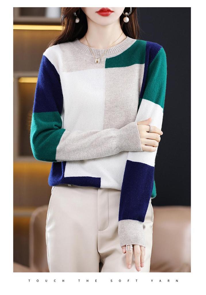 Women's Color-Block Wool Sweater: 2025 Autumn/Winter Thick Round Neck, Loose, Fashionable & Comfortable Knitwear