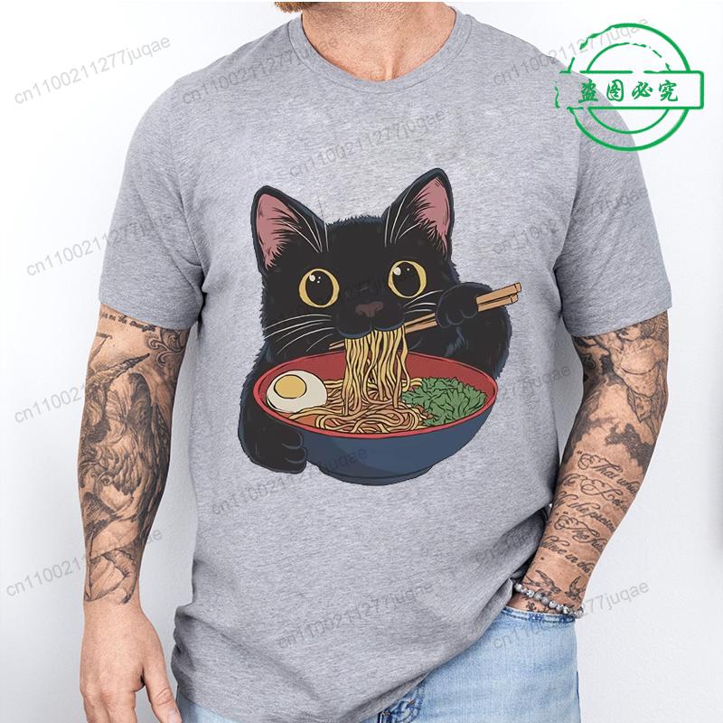 Футболка Рамен Кот для Женщин Мужчин Японский Стиль Любитель Кошек Футболка Каваи Мультяшные Футболки с Коротким Рукавом Мужская Одежда Футболка Топы