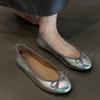 Cowhide Model~ Leather Round Head Bow Flat-bottomed French Retro Ballet Shoes Women's One-pedal Commuter Single Shoes Ladyshoes