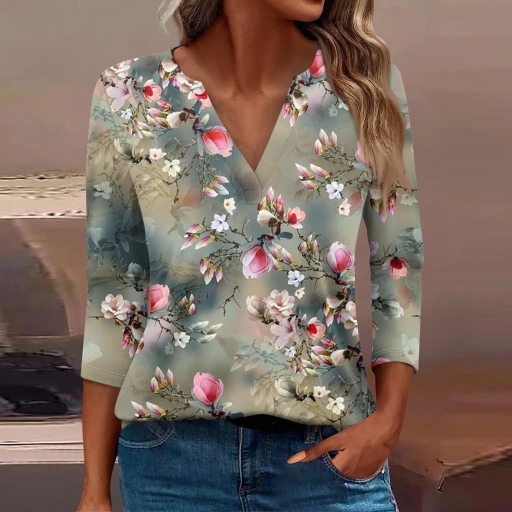 Women's T Shirt Tee Print Button  3/4 Sleeve Daily Weekend Fashion Basic V- Neck Regular Top