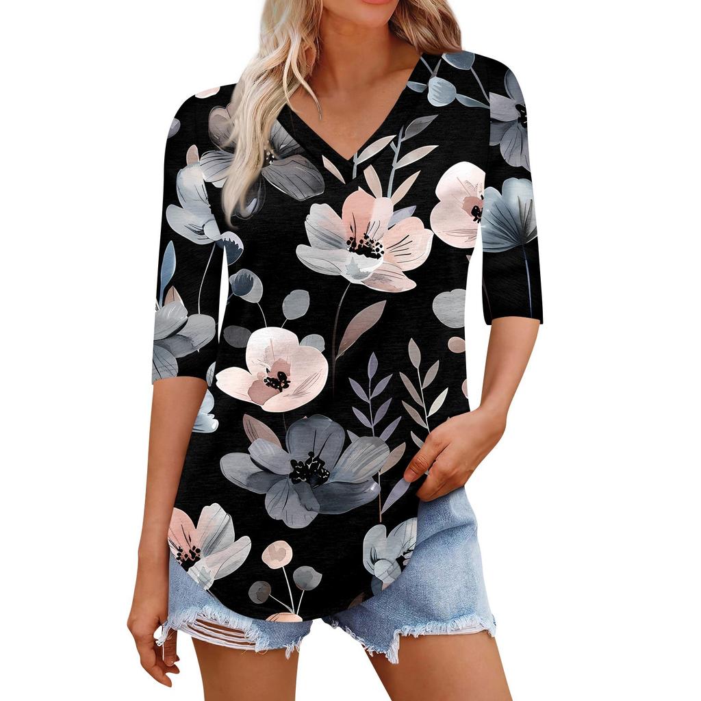 Рубашки для женщин Модные футболки с V-образным вырезом Повседневные блузки с принтом Топы с коротким рукавом для женщин