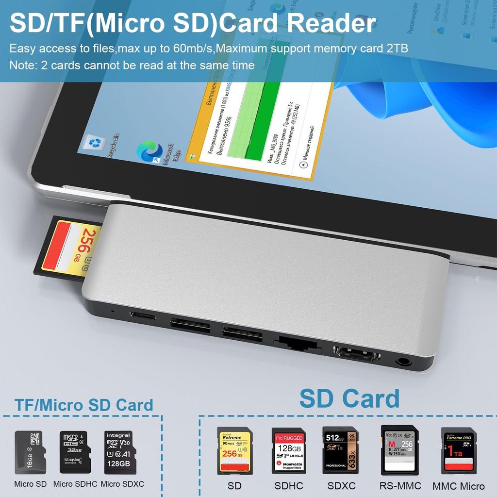 Хаб для Surface Pro 9 Порт 4K HDMI USB C Thunderbolt 4 Зарядка PD 100M LAN USB Аудиопорт Кардридер Специальная док-станция для Microsoft Surface Pro 9 + (Дисплей +