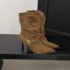 Euro-American Style Suede Slouch Ankle Boots with Pointed-Toe, Metal Buckle, and High Heels for Autumn/Winter 2025.