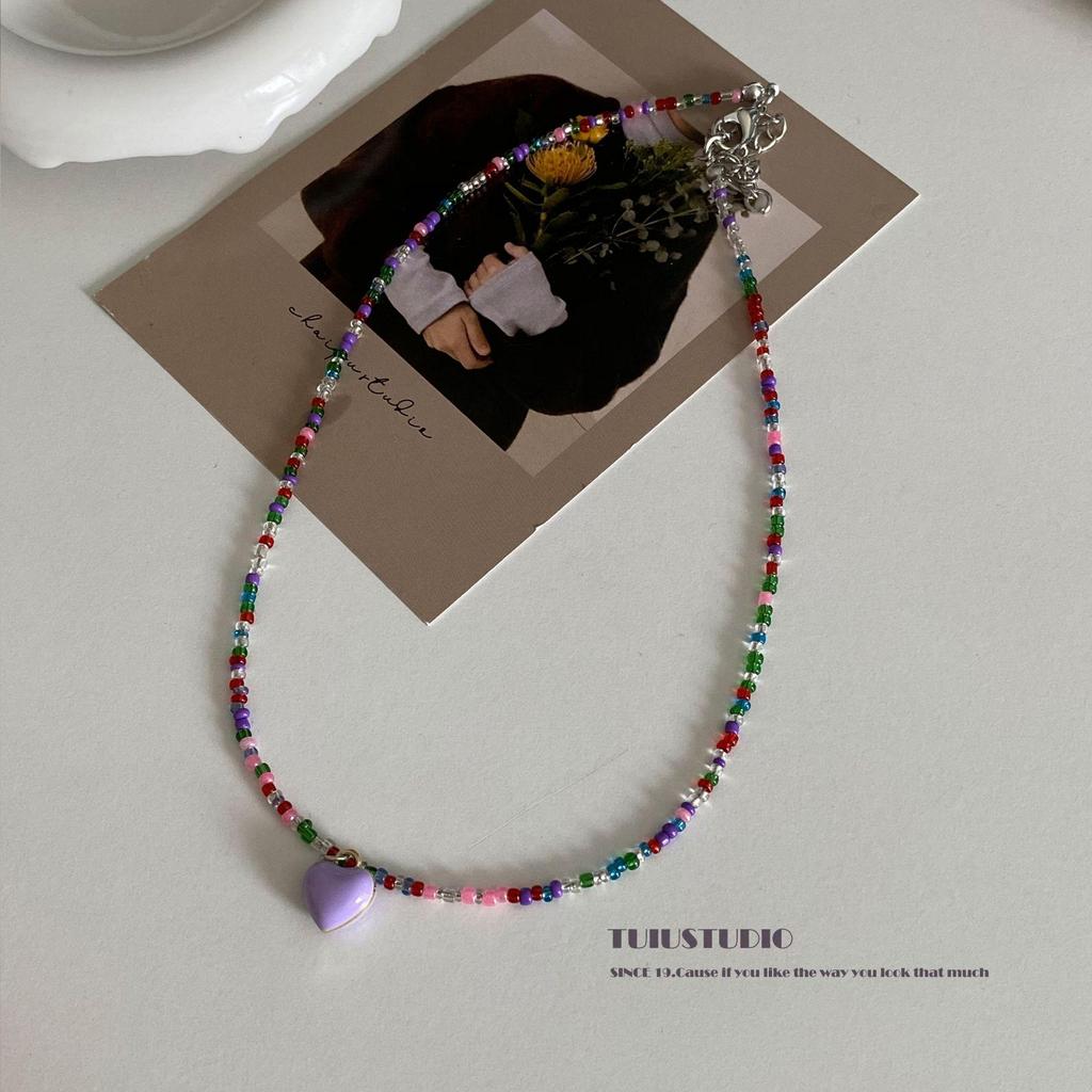 "Ins Macaron Beaded Love Clavicle Chain - Korean Sweet Cute Girl Style Summer Necklace"