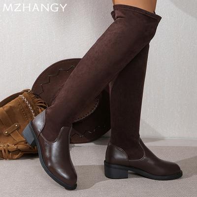 Женские замшевые высокие сапоги, массивные туфли выше колена, женская обувь 2025 года, зимние низкие каблуки, зимние новые байкерские сапоги для женщин, ботинки