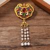 Chinese Style Pearl Tassel Gold Hollowed Peace Lock Brooches Women'S Vintage Luxury Exquisite Wedding Accessories Gift