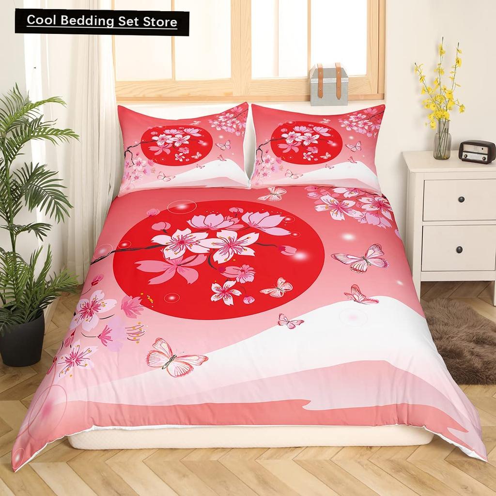 Комплект постельного белья «Цветущая розовая вишня» размера «king-size» и «queen-size» с весенней флорой. Пододеяльник с японскими цветами. Мягкий полиэстеровый чехол.