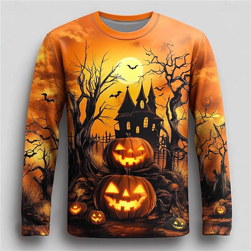 2025 New Long Sleeve T-Shirts For Men Fall Halloween Pumpkin Print T Shirt Vintage Streetwear Casual Tops Halloween Theme Tees
