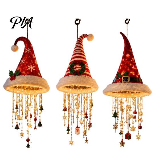 Christmas Home Decor Hat Hanging Lantern, Glowing Santa Cap Decorative Light with LED String Indoor Outdoor Xmas And Pendants, Pendant Lighting