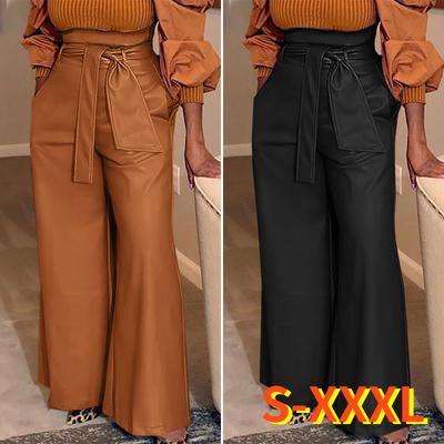 Модные женские широкие брюки из искусственной кожи с рюшами и высокой талией, свободные брюки